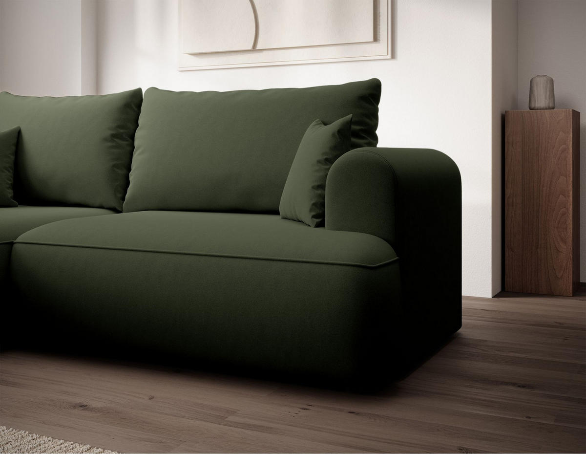 ECKSCHLAFSOFA Ovo Mini Olivgrün Easy-Clean-Samtbezug - Schwarz/Olivgrün, Kunststoff/Textil (238/156cm) - Selsey