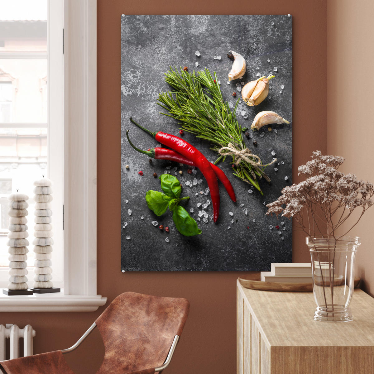 ACRYLGLASBILD Pfeffer - Kräuter - Gewürze - Beton 60x90 cm - Dunkelgrau, Glas (60/90cm) - MuchoWow