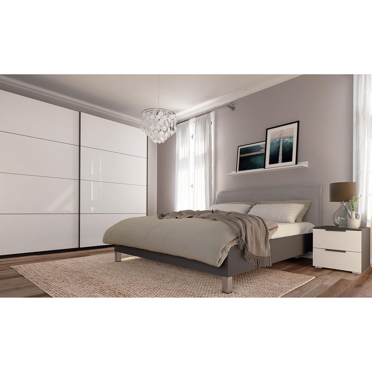 SCHWEBETÜRENSCHRANK - Weiß Hochglanz/Grau, Holzwerkstoff (270/236/68cm) - home24