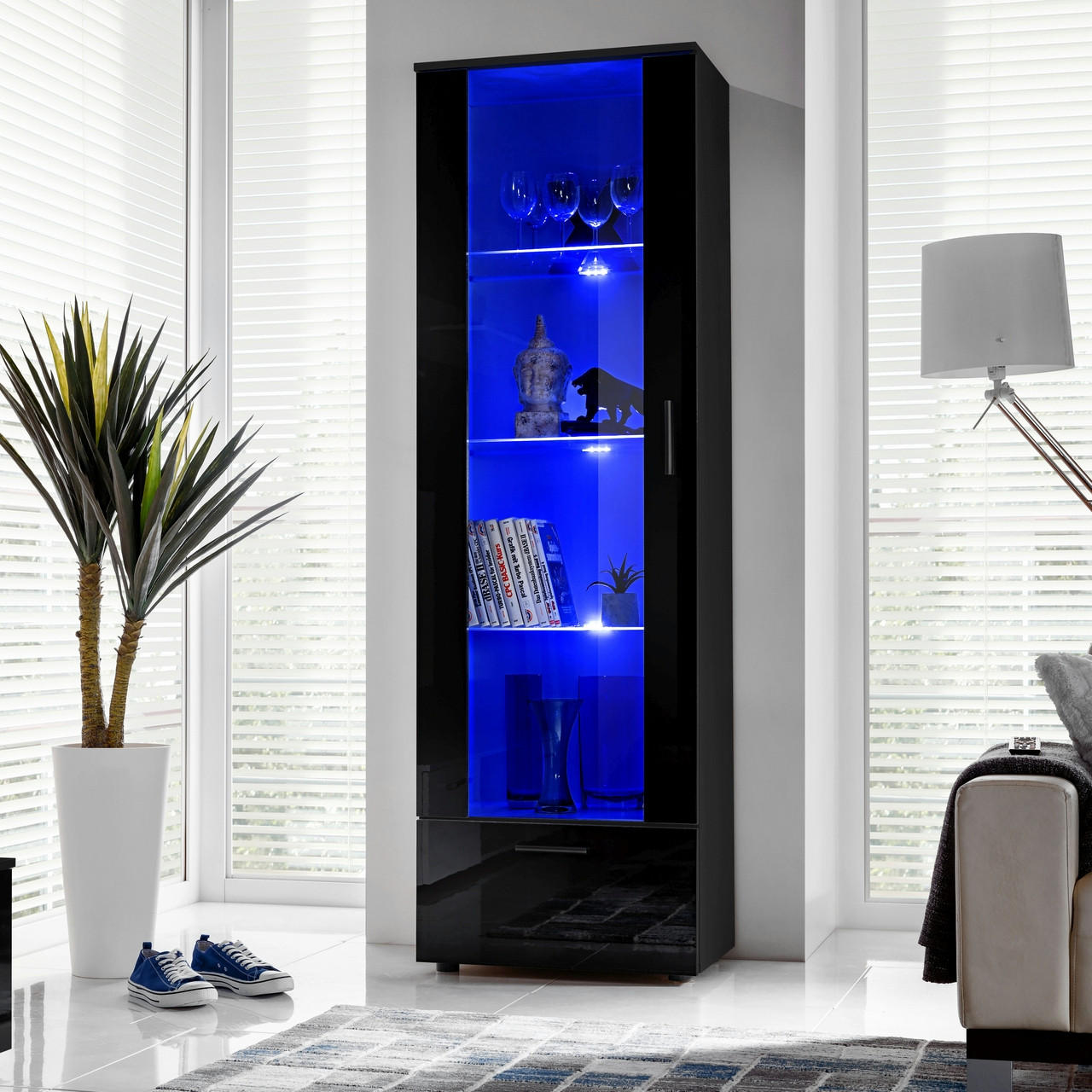 VITRINE ALESSANDRIA, Schwarz, LED Blau - Schwarz, Glas/Holzwerkstoff (60/192/42cm) - Komodee