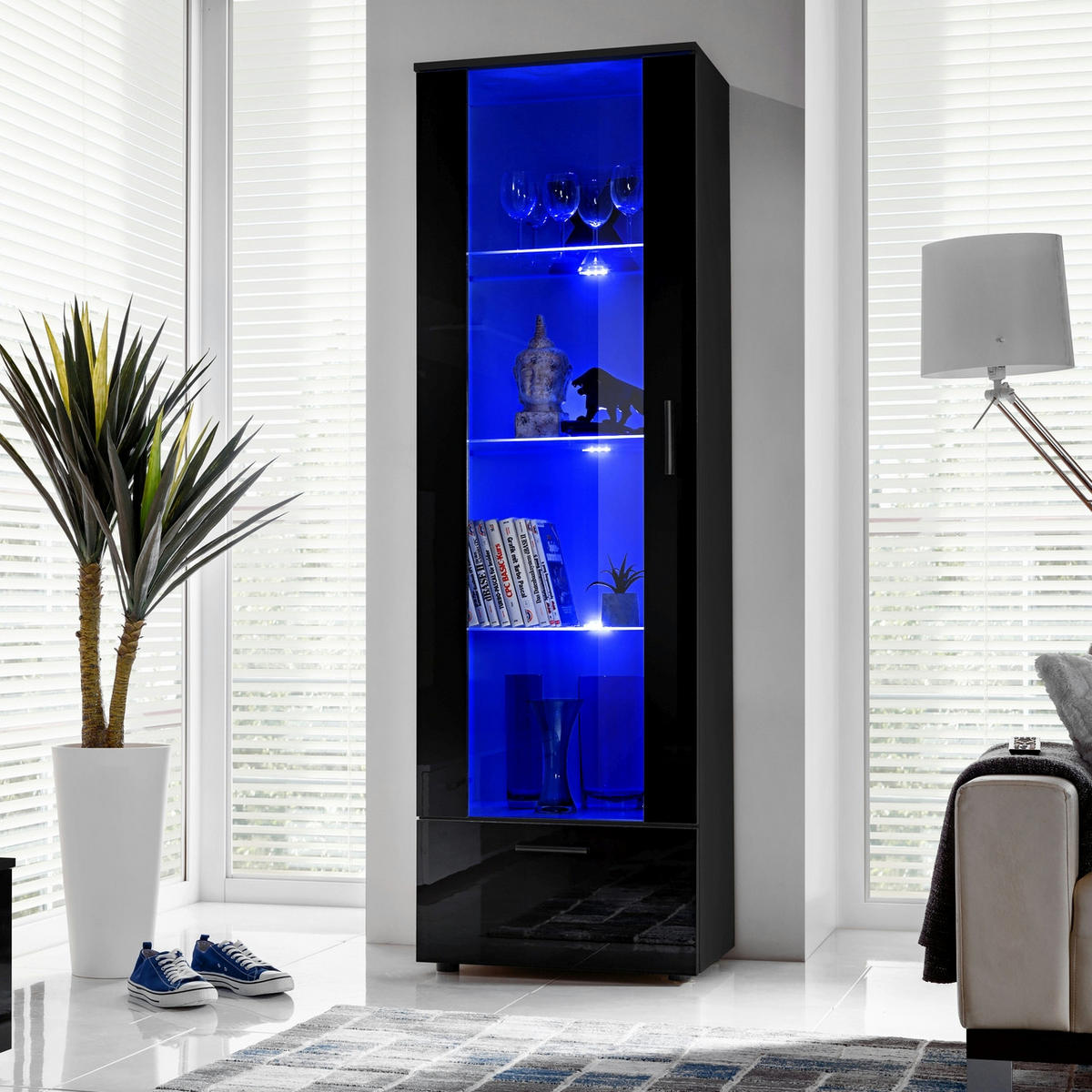 VITRINE ALESSANDRIA, Schwarz, LED Blau - Schwarz, Glas/Holzwerkstoff (60/192/42cm) - Komodee