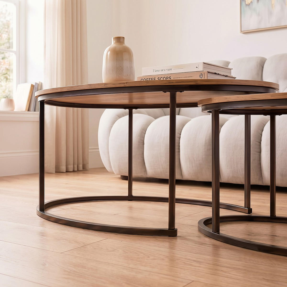 SET med 2 ovala soffbord i ekeffekt, 90 cm långa - LENNY - Askfärgad, Träbaserade material (66/60/45cm) - Calicosy