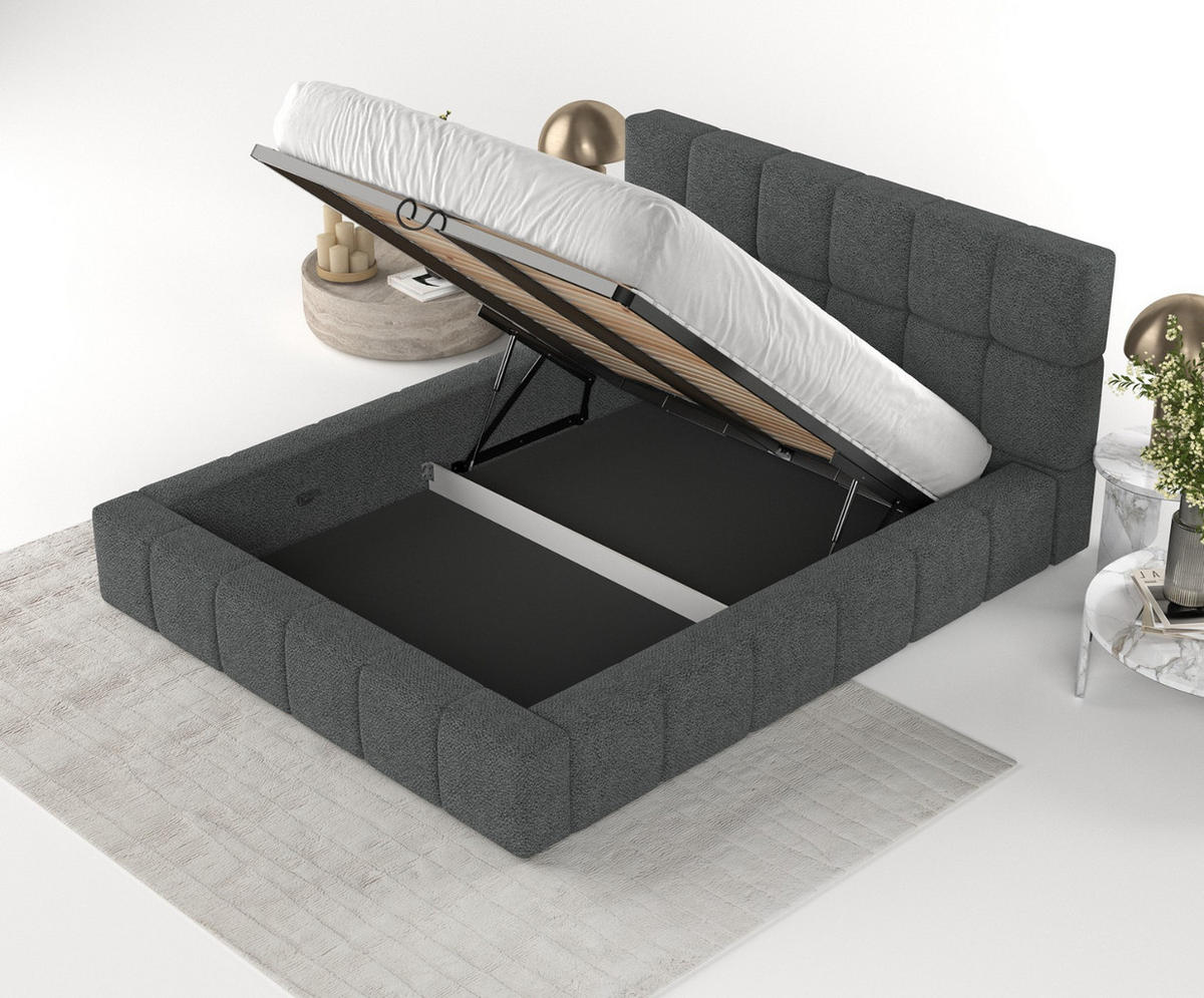 POLSTERBETT Paros mit Stauraum 160/200 cm Anthrazit im Bubble Stoff - Anthrazit/Schwarz, Holz/Holzwerkstoff (160/200cm) - AltaBeds