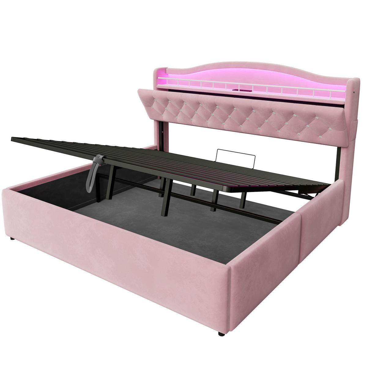 POLSTERBETT 180x200 cm in Rosa mit LED-Kopfteil, USB-/USB-C-Anschlüssen und Bettkasten - Pink, Textil (180/200cm) - IVMEU