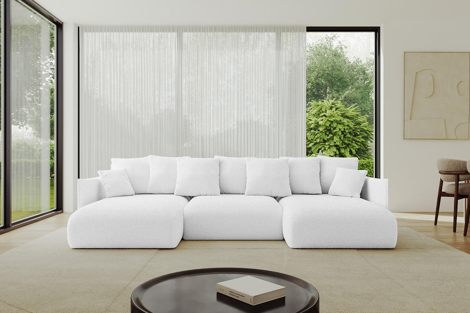 WOHNLANDSCHAFT mit Schlaffunktion und Bettkasten ONESK-U 317x177x72 Weiß Bouclé - Weiß, Holzwerkstoff/Kunststoff (317/72/177cm) - ALTDECOR