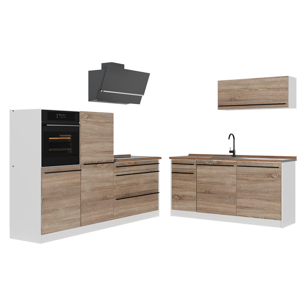 KÜCHENZEILE R-Line, Sonoma/Weiß, 220 cm ohne Arbeitsplatte - Weiß/Sonoma Eiche, Holzwerkstoff (220/143/46cm) - Vicco