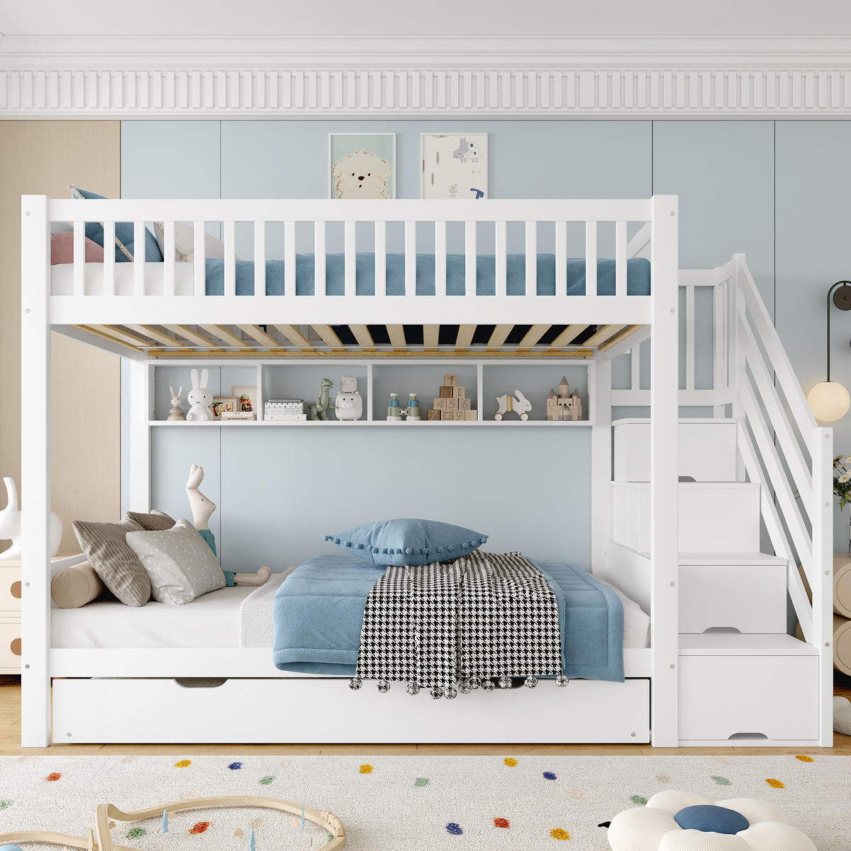 ETAGENBETT 90/200 cm Weiß mit Ausziehbett und Kleiderschrank aus Kiefernholz - Weiß, Holz (90/200cm) - OKWISH