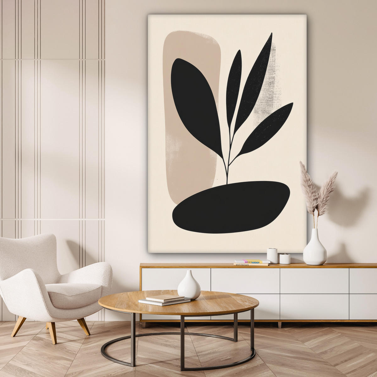 LEINWANDBILD Pflanze - Beige - Japanisch 90x140 cm - Schwarz, Textil (90/140cm) - MuchoWow