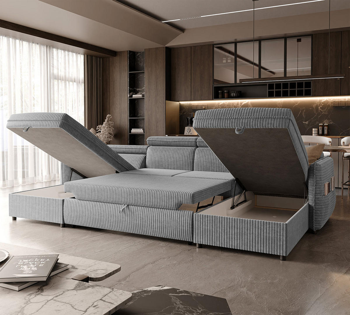 WOHNLANDSCHAFT BENI mit Schlaffunktion und Bettkasten Hellgrau - Hellgrau/Schwarz, Kunststoff/Textil (286/60/166cm) - Idohome