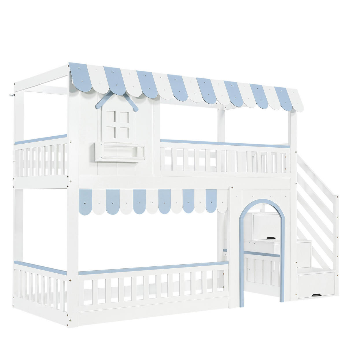 VÝŠKOVÁ posteľ 90/200 cm biela a modrá s úložnými schodmi a zábranami z masívu a MDF - biela, drevo (90/200cm) - OKWISH