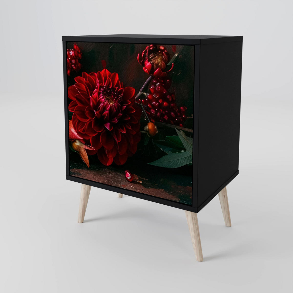 SIDEBOARD DAHLIAS AND POMEGRANATES, Schwarz, 57,5x42x67,5 cm, Schwarze Metall-Rahmenfüße - Multicolor/Schwarz, Holzwerkstoff/Metall (57.5/67.5/42cm) - SpaceRebels