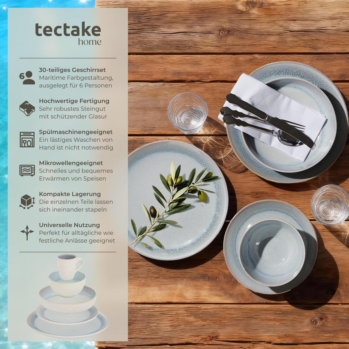 KOMBISERVICE Mare, ineinander stapelbar, grau - Grau, Keramik (26.5/2.5/26.5cm) - tectake