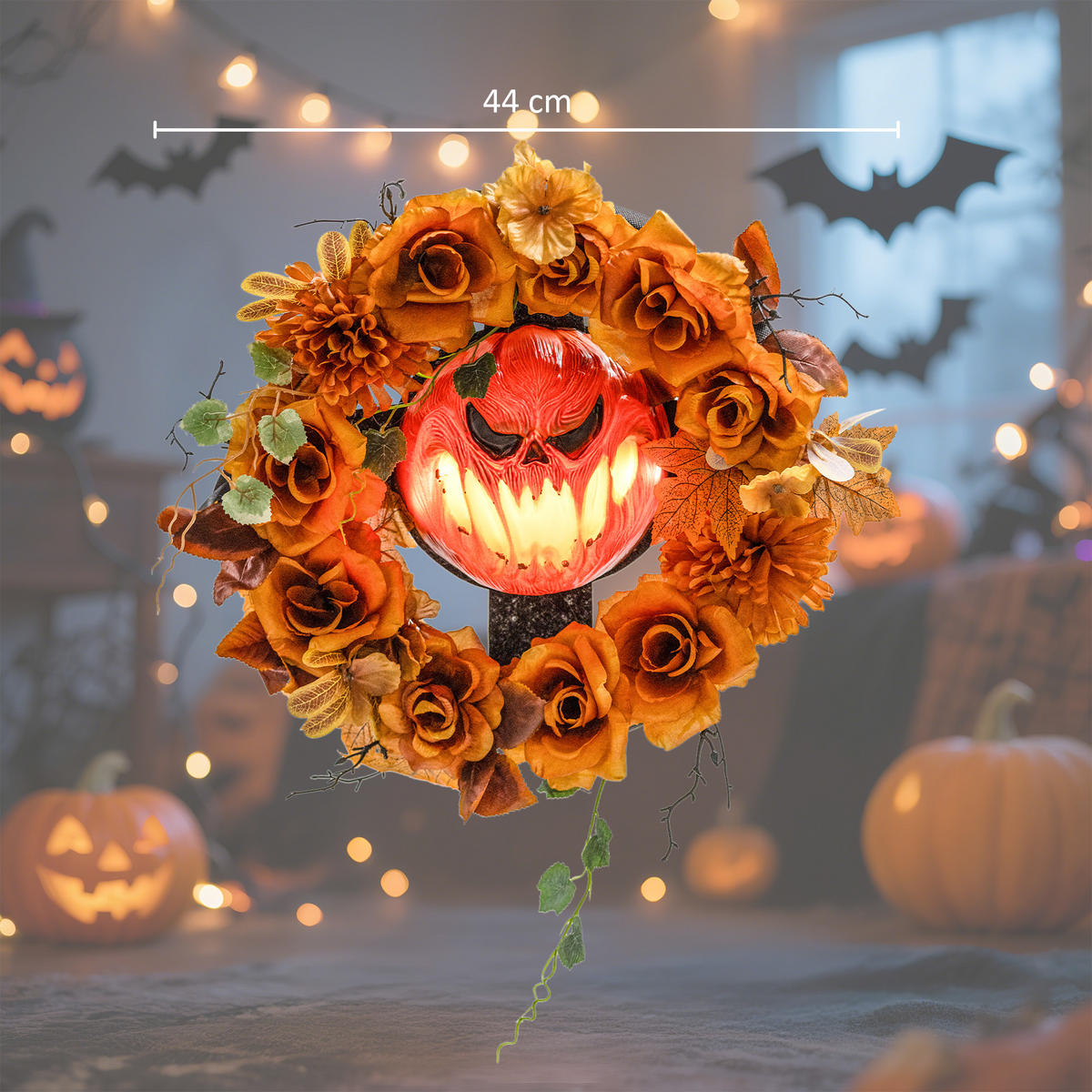 HALLOWEEN Dekoration Hängender Kürbis-Kranz mit 44 LEDs mit Flammeneffekt - Orange, Textil (9/44/44cm) - Outsunny