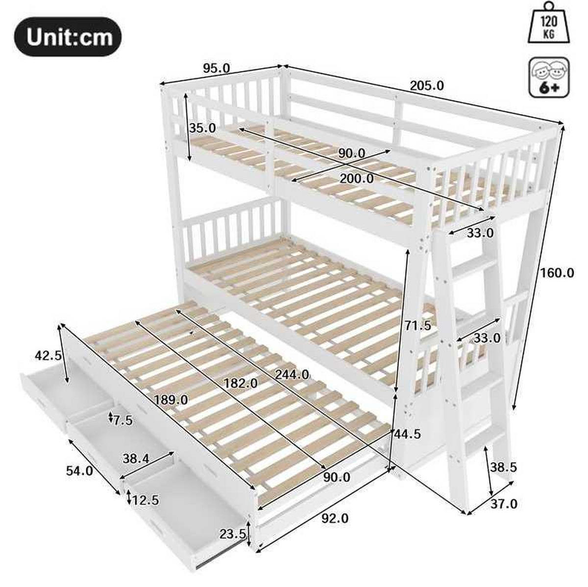 ETAGENBETT 90/200 cm in Weiß mit Ausziehbett und 3 Schubladen - Weiß, Holz (90/200cm) - OKMYHOME