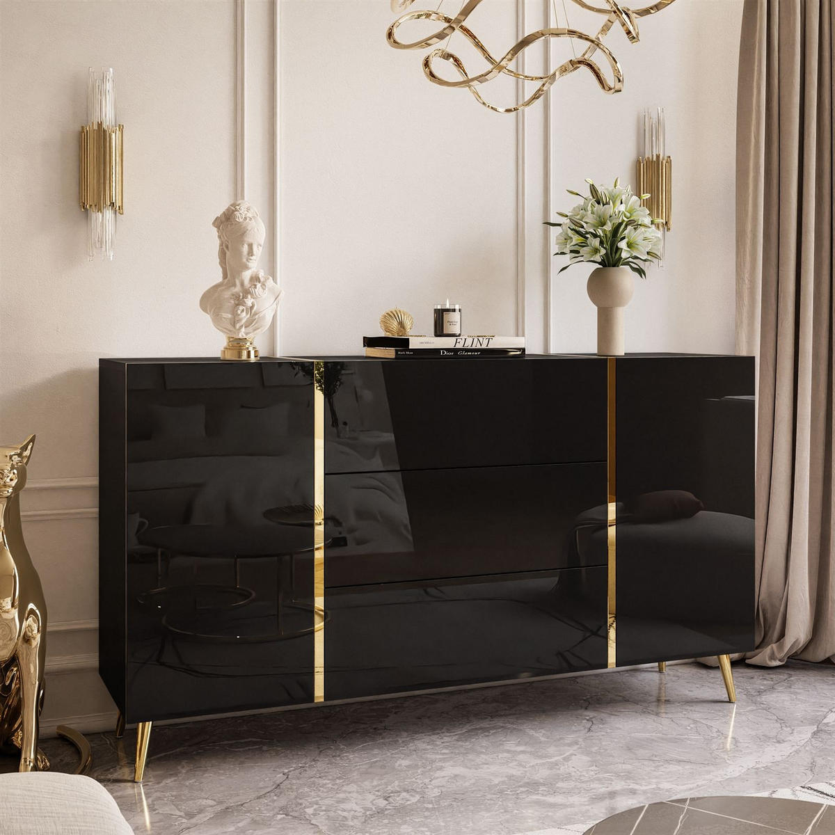 SIDEBOARDS MIT SCHUBLADEN ONYX AUF GOLDENEN BEINEN HOCHGLANZ 158 CM PUSH OPEN - Schwarz, Holzwerkstoff (158/88/41.3cm) - Lookway