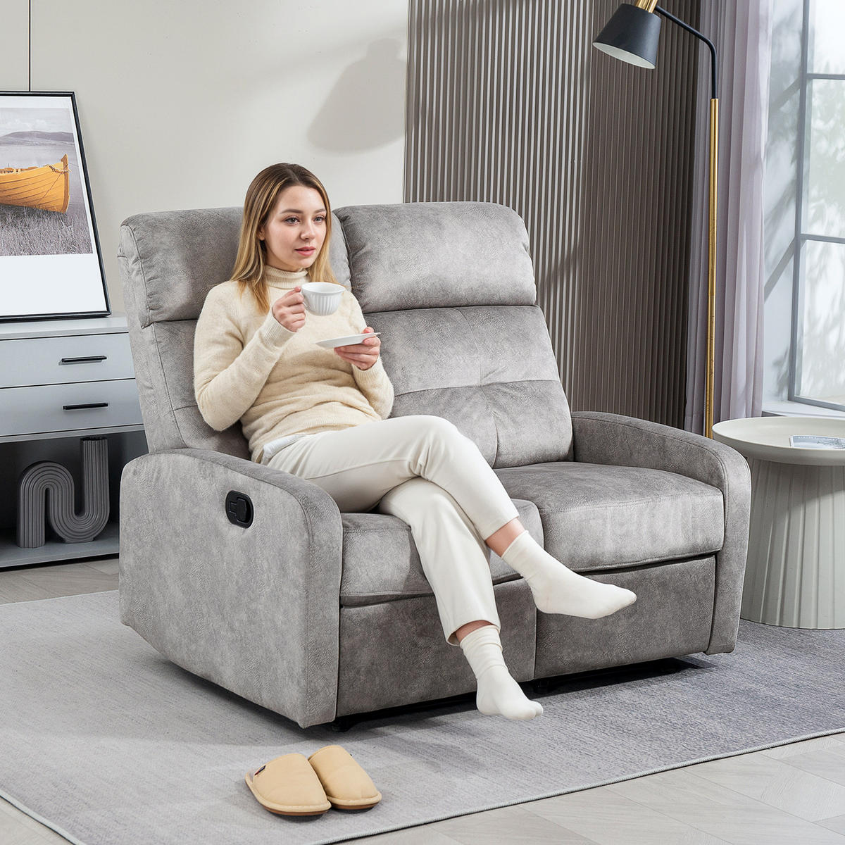 FERNSEHSESSEL Relaxsessel mit Liegefunktion, 2 Sitzer Sofa mit Fußablage, Grau - Grau, Textil (95/101/118cm) - HOMCOM