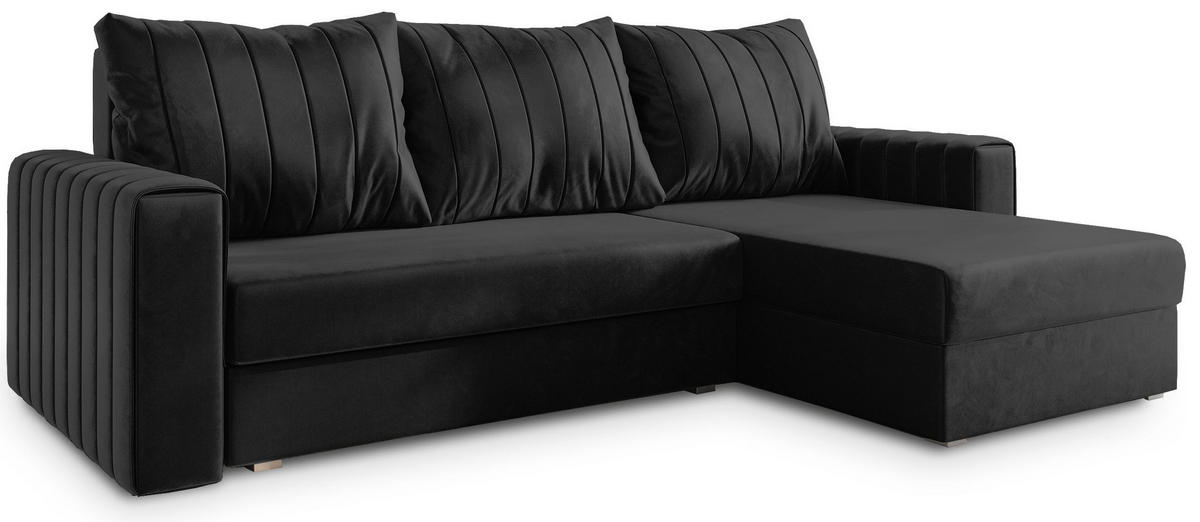 ECKSOFA CARL Schwarz Plüsch-Stoff mit Schlaffunktion - Schwarz, Holz (236/150cm) - MASSENO