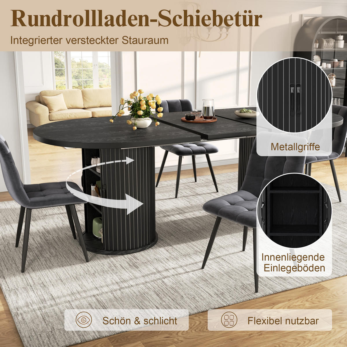 ESSTISCH Schwarz 150–190×80×75 cm mit Auszugmechanismus, verdecktem Staufach und Metallrahmen aus Holzwerkstoff - Schwarz, Holzwerkstoff (80/150/75cm) - Luhomfu