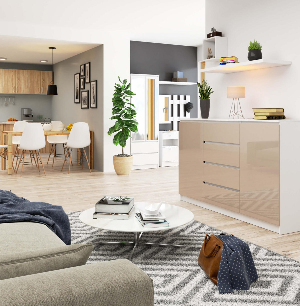 KOMMODE Weiß, Cappuccino Glanz 99/160/40 - Weiß, Holzwerkstoff (160/99/40cm) - RAUMHIRSCH FURNITURE