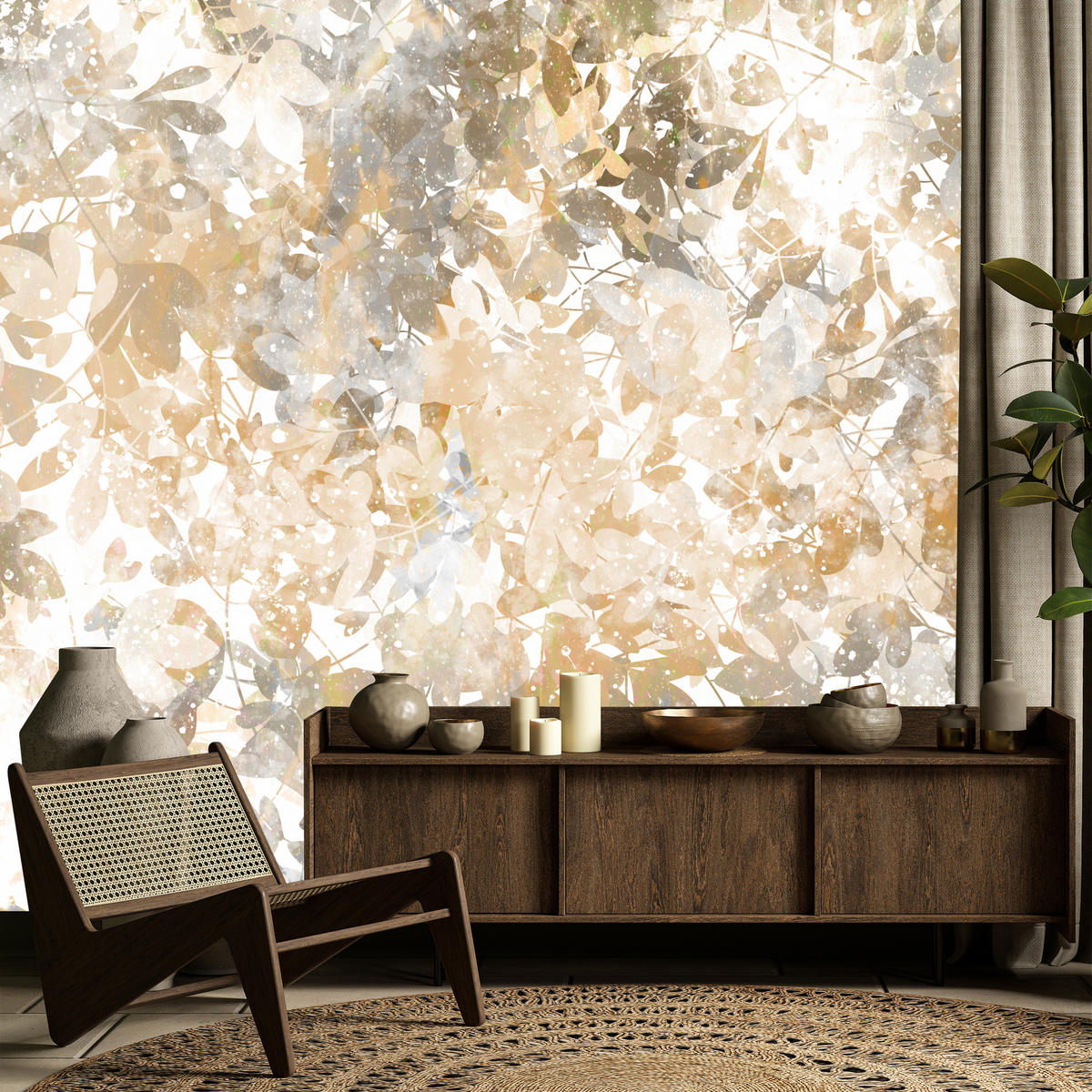 FOTOTAPETE für Wohnzimmer Blätter Abstraktion 300x210 - Beige/Orange, Papier (300/210cm) - Muralo