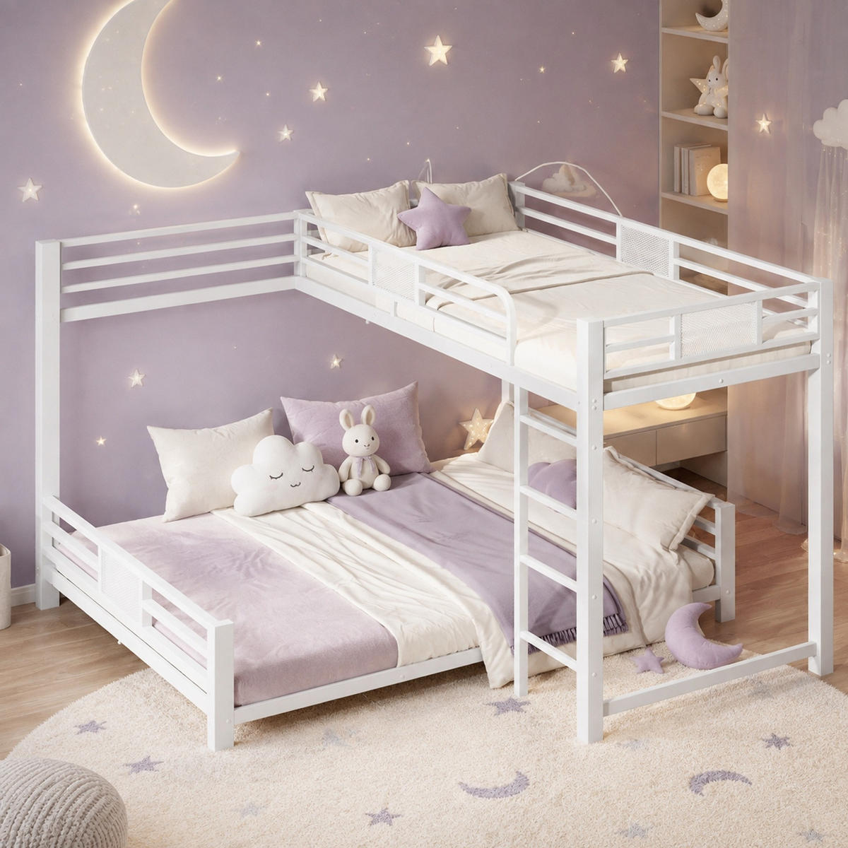 ETAGENBETT 90/200+140/200 mit L-förmiger Anordnung und Schutzgittern in Weiß - Weiß, Metall (140/200cm) - EVRYAE