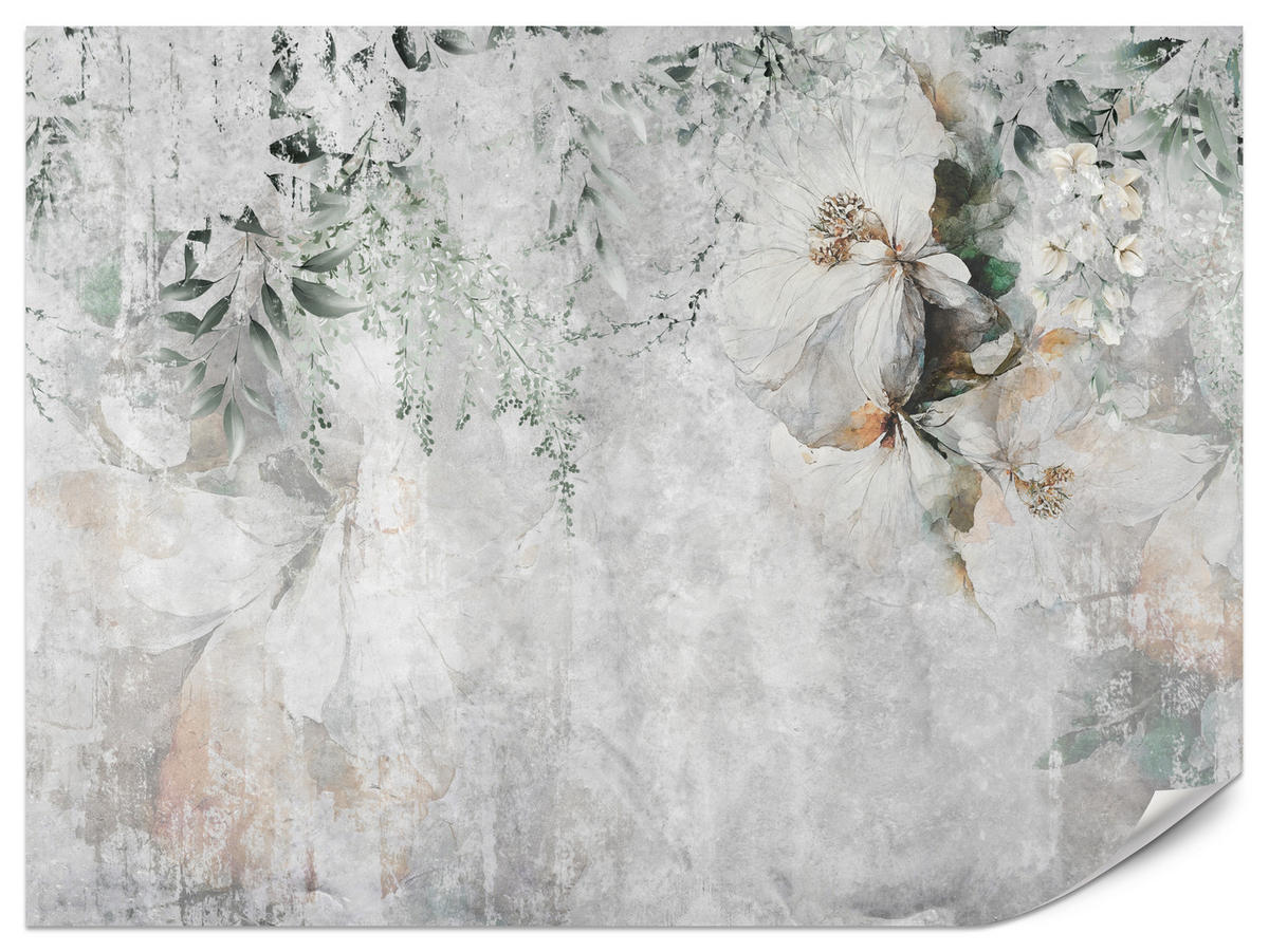 FOTOTAPETE für Esszimmer Zarte Blumen Blätter Beton 100x70 - Orange/Grau, Papier (100/70cm) - Muralo