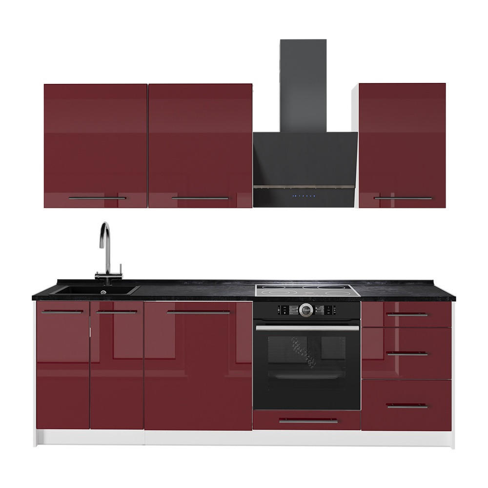 KÜCHENZEILE Fame-Line, Bordeaux Hochglanz/Weiß, 230 cm ohne Arbeitsplatte - Bordeaux/Weiß, Holzwerkstoff (230/82/51.6cm) - Vicco