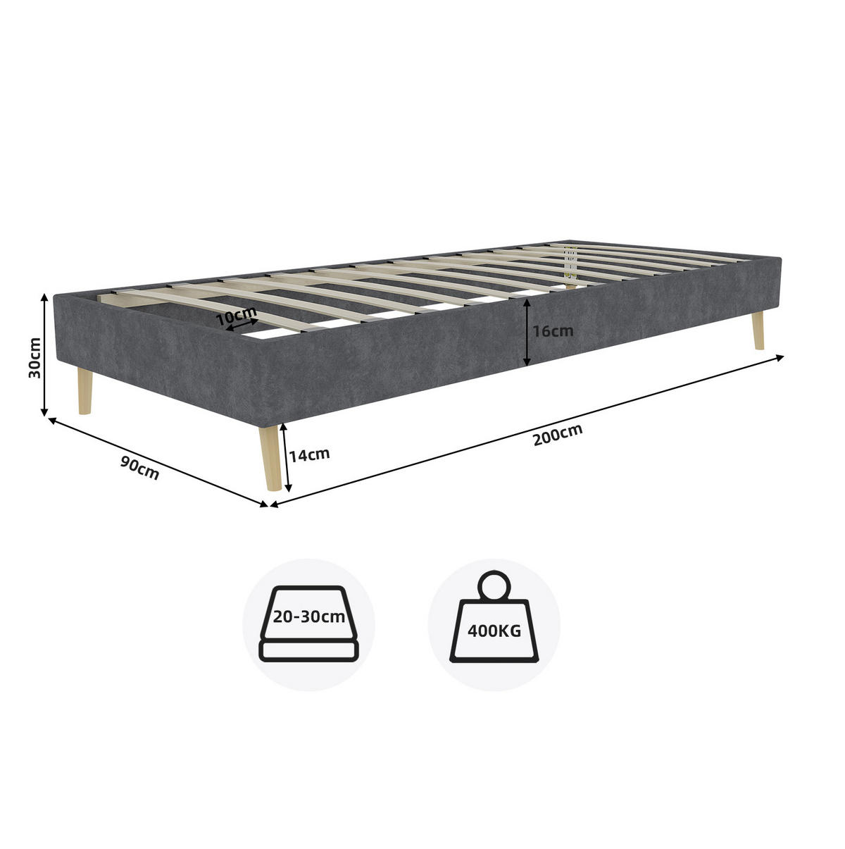 KREVET 90/200 cm, niskoprofilni dizajn bez uzglavlja, stabilna konstrukcija i mekani presvlaki, Siva - siva, tekstil (90/200cm) - Redom