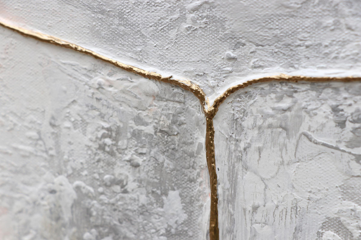 GEMÄLDE Goldene Schleife Schattenfugenrahmen Weiß 140x70 cm - Weiß, Holz (140/70cm) - YS-art gallery
