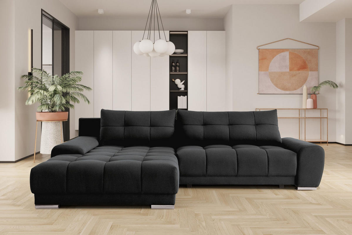ECKSOFA WAVE Mit Schlaffunktion, Stoff SORO, Schwarz Links - Schwarz, Holz (105/281cm) - Kaiser Möbel