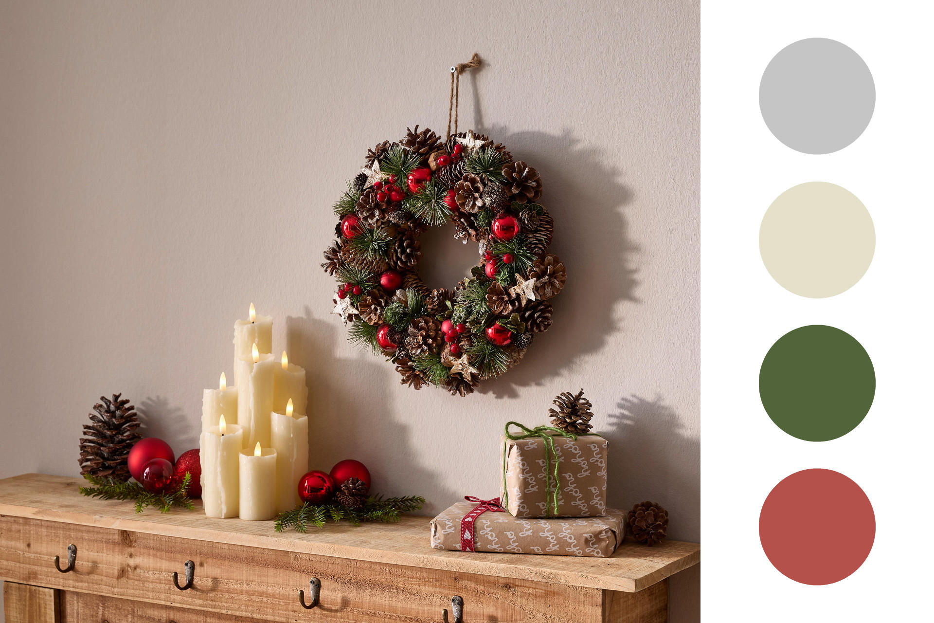 Farbschema Grau, hell Grün, dunkel Grün und Rot von Weihnachtsdeko