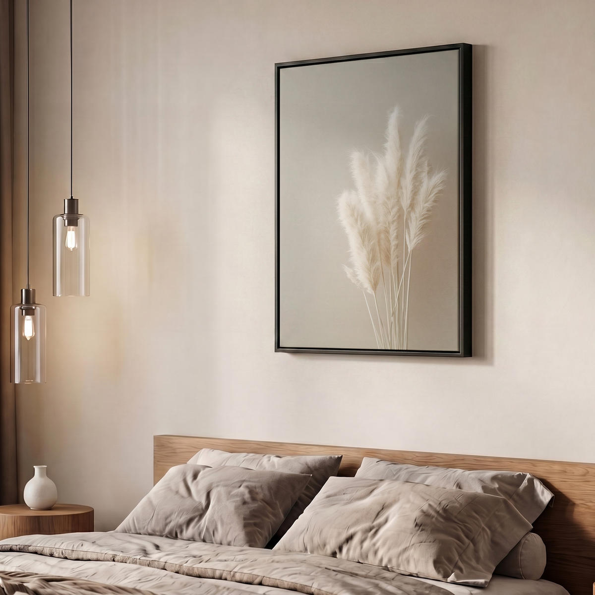 LEINWAND Bilder mit Rahmen - Pampasgras - Federn - Pastell - Weiß - 60x80 - Naturfarben, Textil (60/80cm) - MuchoWow