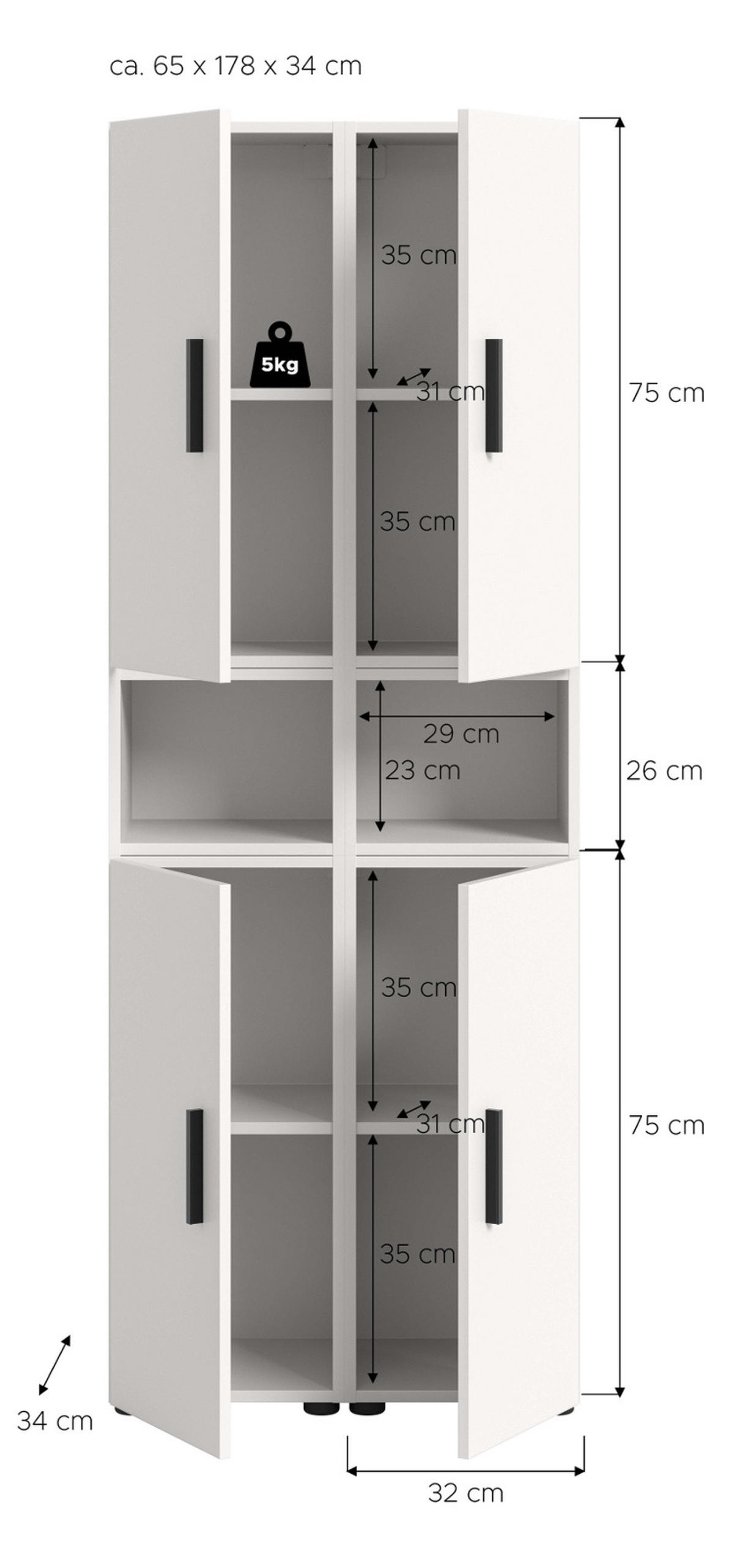 STAURAUMSCHRANK weiß 65 x 178 cm, Mehrzweckschrank mit viel Stauraum - Schwarz/Weiß, Holzwerkstoff/Kunststoff (65/178/34cm) - Inn.Furn
