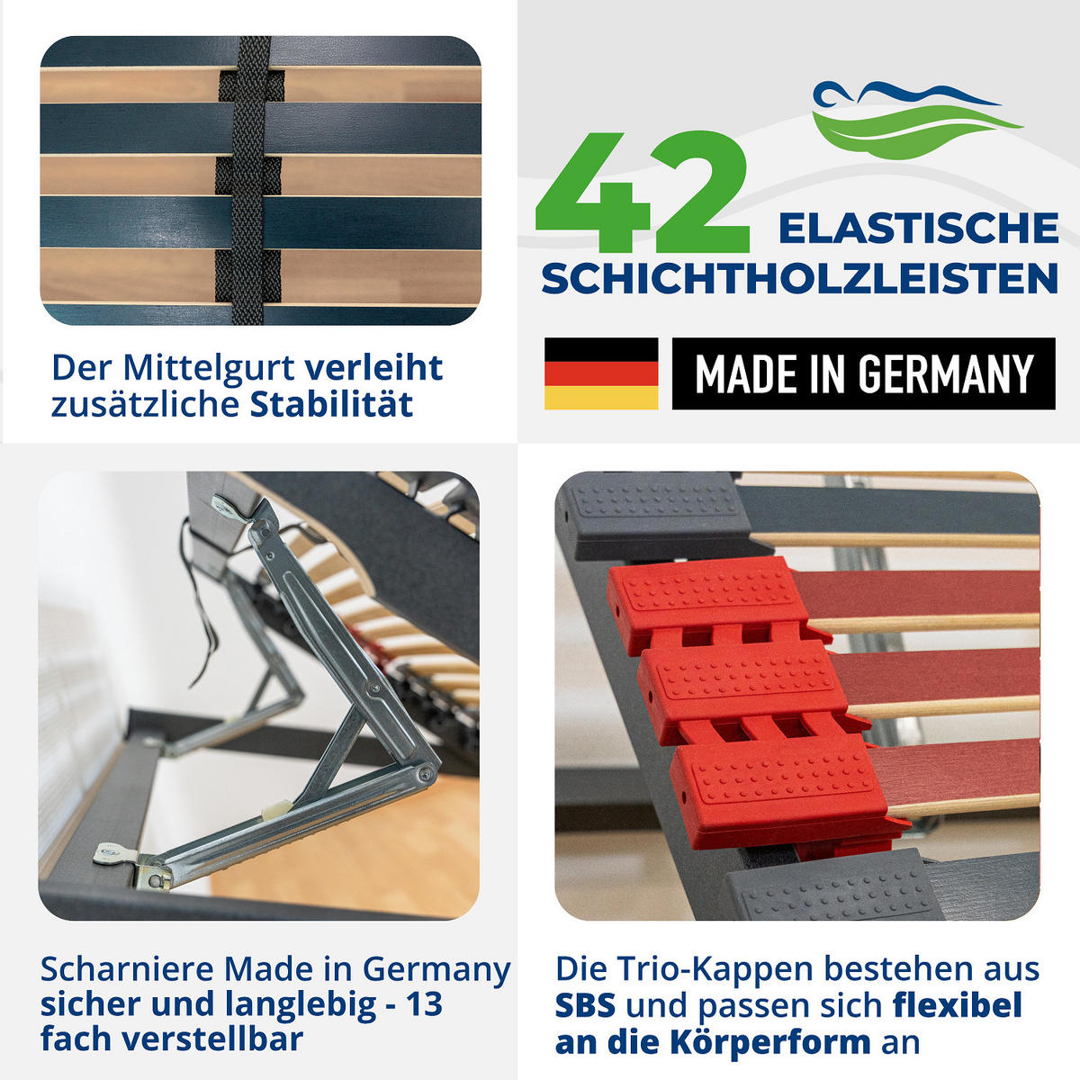 LATTENROST RELAXANA KF 100 x 200 cm Kopf- & Fußteil verstellbar komplett montiert - Grau, Holz (100/200cm) - Reha-Schlafwelt