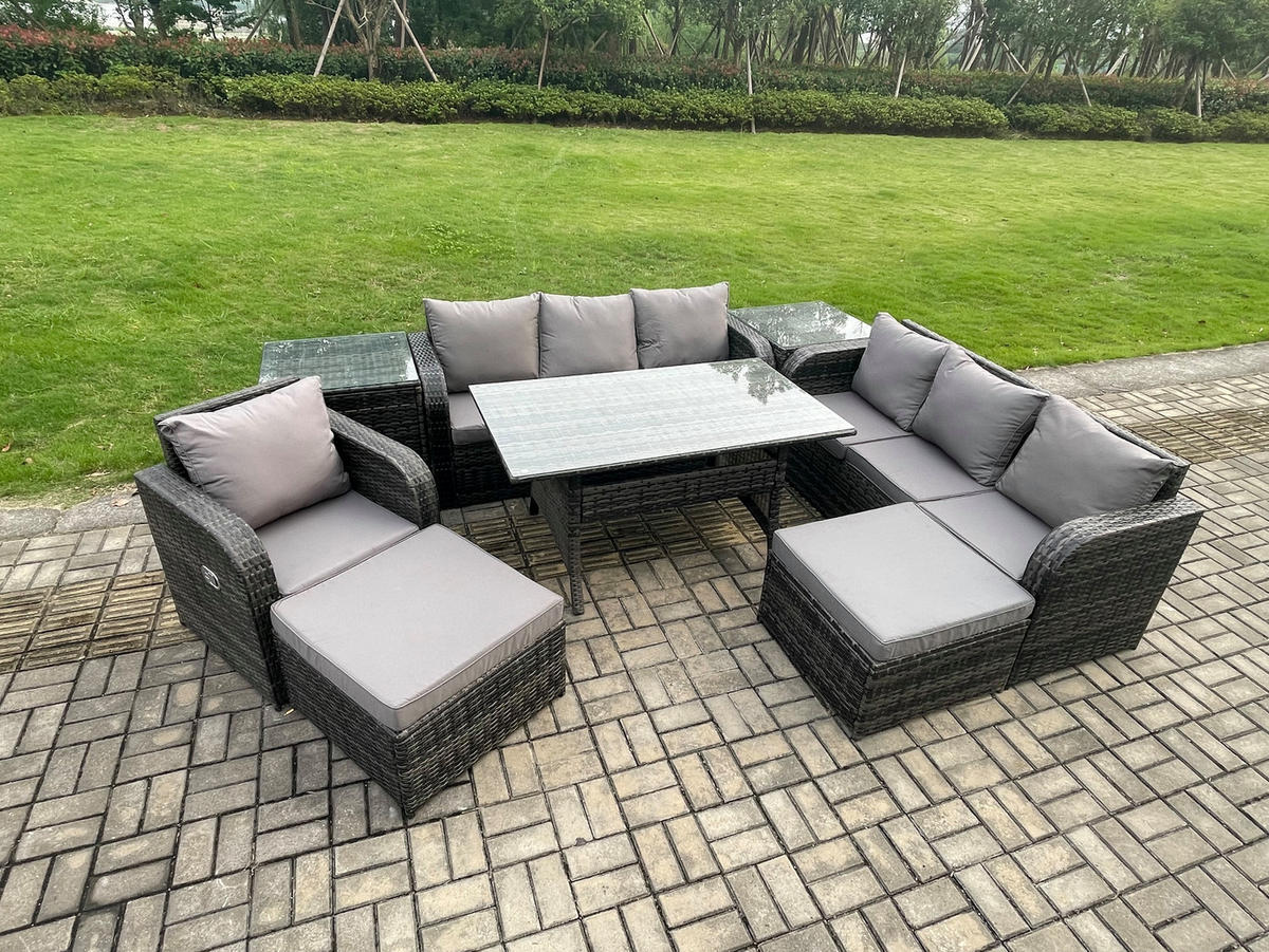 GARTENTISCHGRUPPE mit Beistelltisch,2 Hocker Polyrattan Dunkelgrau 9-Sitzer - Dunkelgrau/Grau, Glas/Kunststoff - Fimous