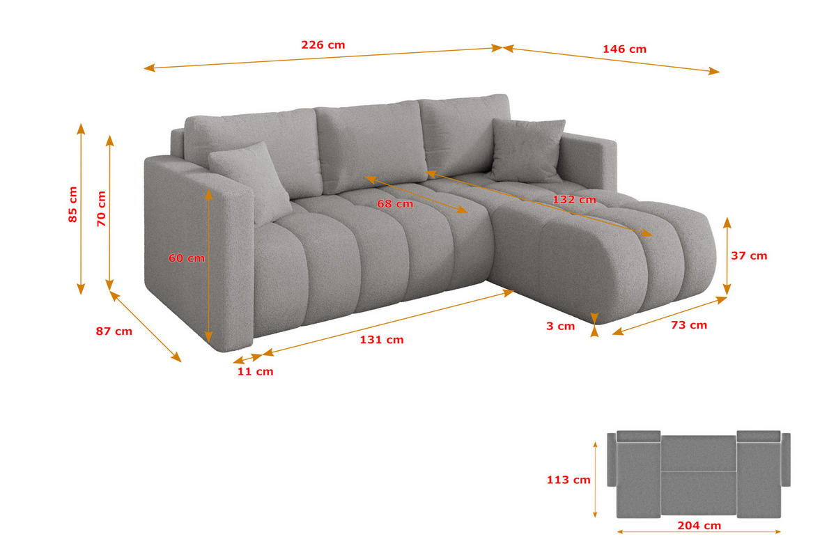 ROHOVÁ SEDAČKA s funkcí spaní, otoman vpravo GARD-L 226x146x85 světle šedá bouclé - černá/stříbrná, kompozitní dřevo/textil (226/146cm) - ALTDECOR