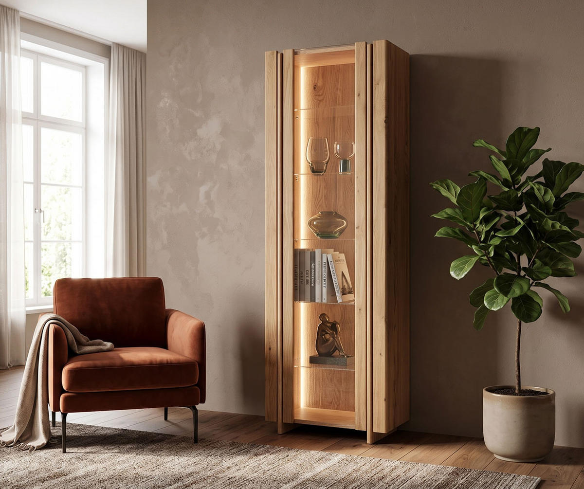 VITRINE Travertino Wildeiche Natur 68 / 41 / 206cm ohne Travertin Naturstein - Wildeiche, Holz (68/206/41cm) - Feldmann-Wohnen