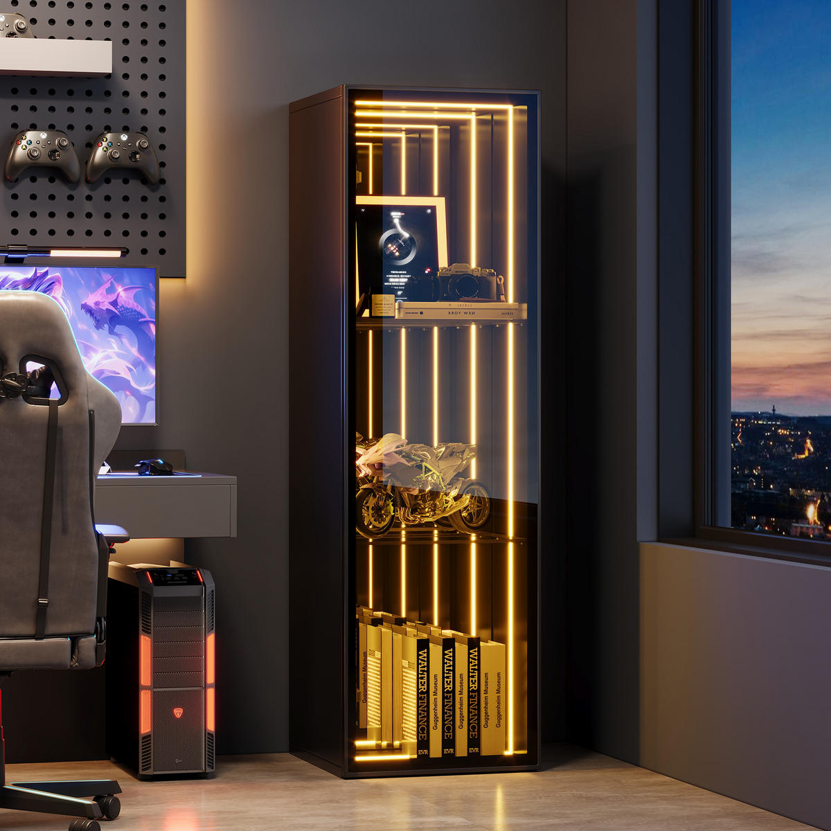 VITRINE in Schwarz Aufbewahrungsschrank mit verstellbare Einlegeböden, Scharniere mit Soft-Close-Funktion, 30/30/90 - Transparent/Naturfarben, Glas/Holzwerkstoff (30/90/30cm) - STILVORA