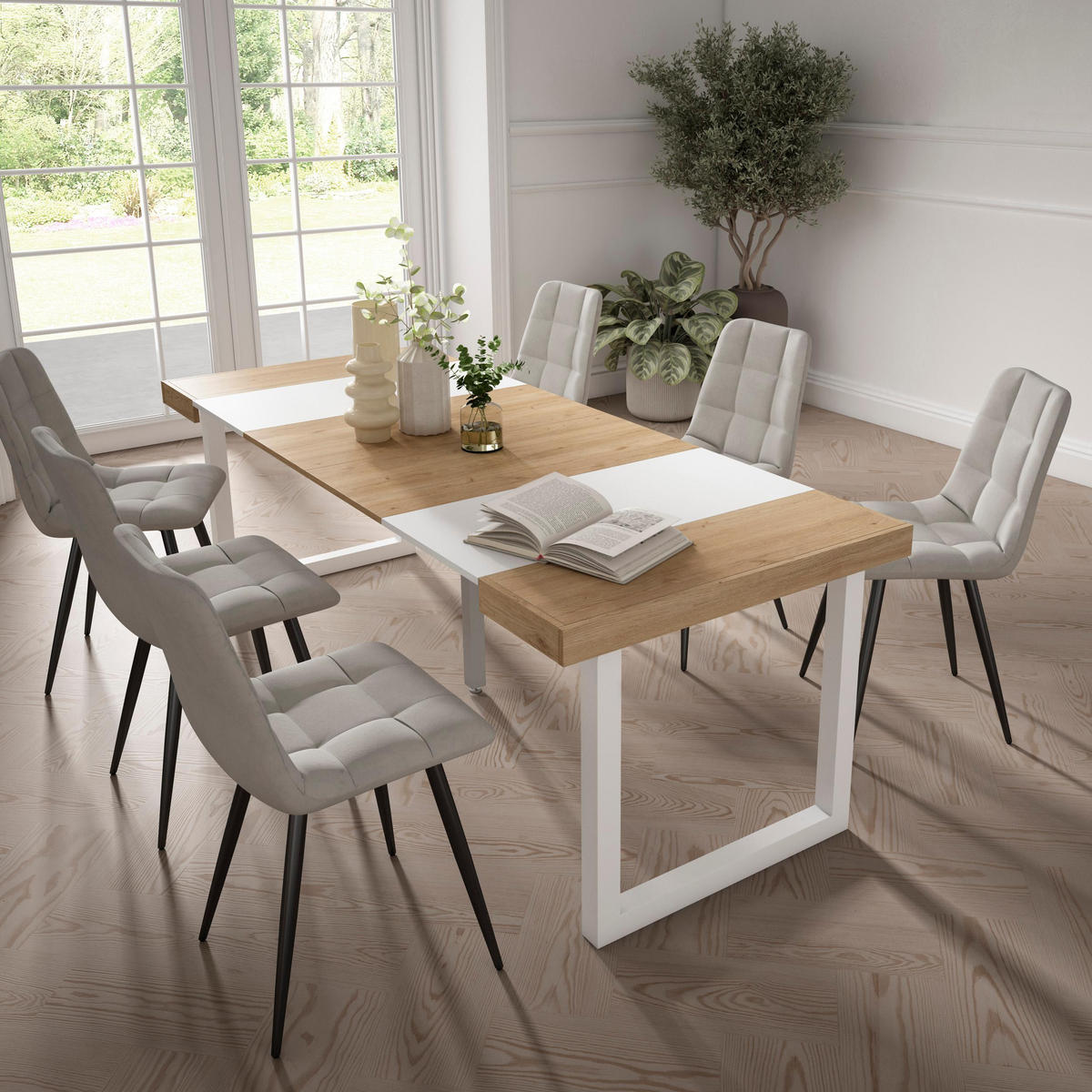 KONSOLENTISCH ausziehbar 58 bis 222cm, für 10 Gäste, eiche weiß, 90/58/73cm - Eichefarben/Weiß, Holzwerkstoff (90/222/73cm) - Skraut Home