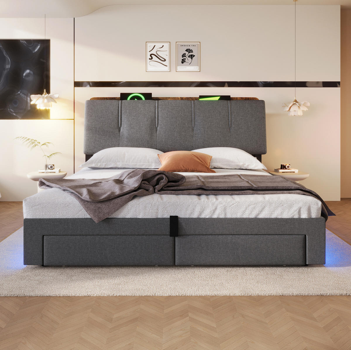 POLSTERBETT mit Bettkasten 140x200 cm Leinen Grau mit USB/Typ-C und LED - Grau, Metall (140/200cm) - Meubliv