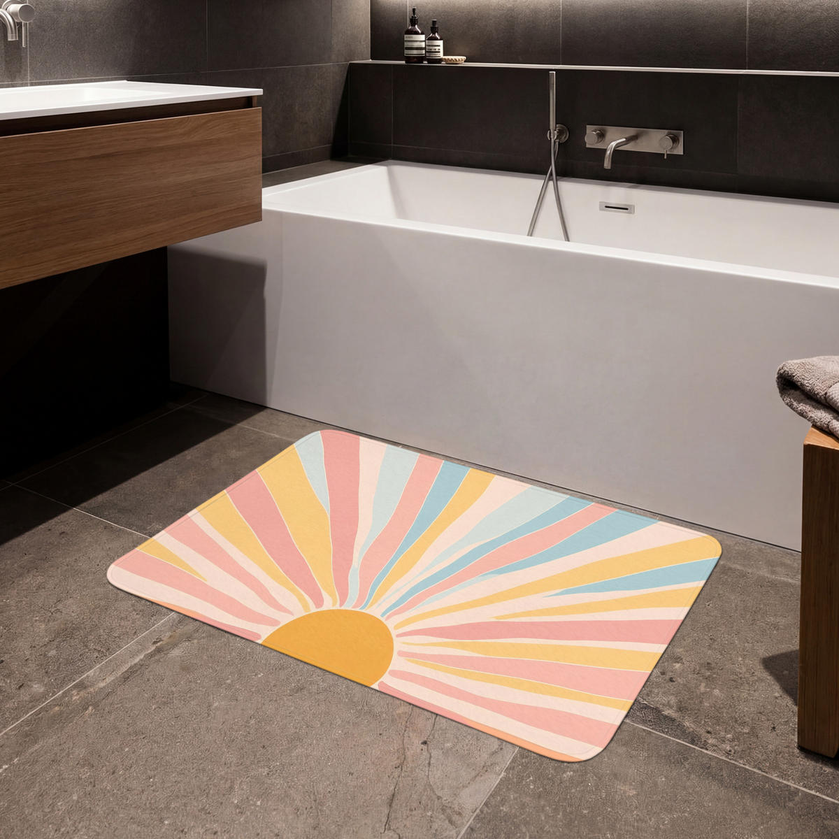 BADEMATTE Illustration - Sonne - Pastellfarben 90x60 cm - Pastellblau, Kunststoff/Textil (90/60cm)