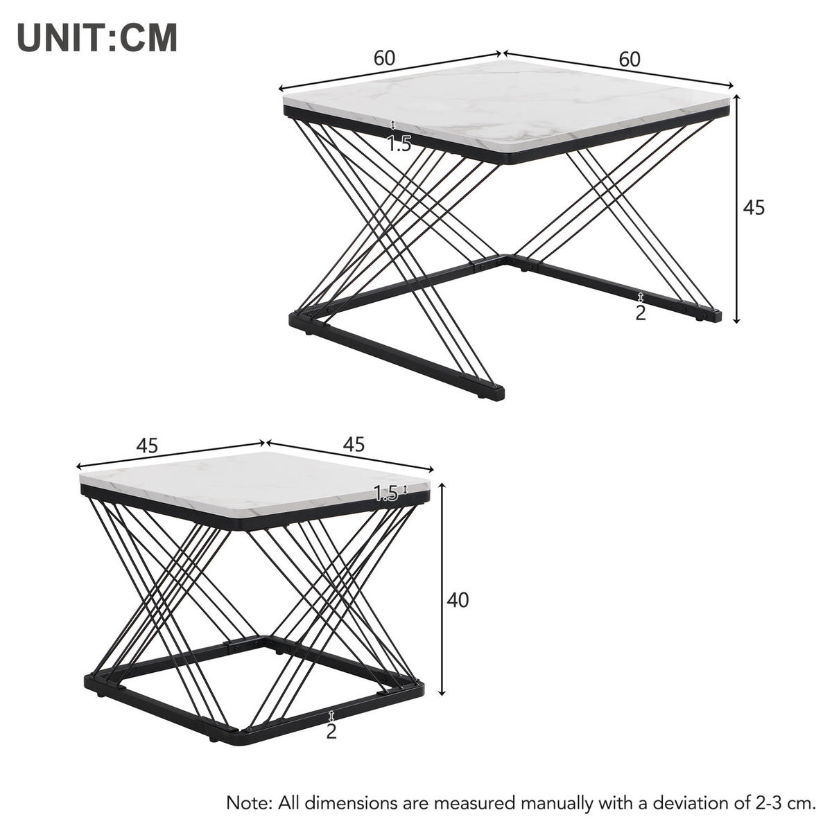 COUCHTISCH 2er-Set quadratisch 60x60 & 45x45 cm MDF Black White - Schwarz, Metall (60/60/45cm) - Meubliv