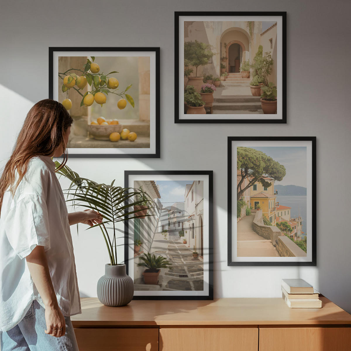 BILDER SET 4er Set - 50x50 cm & 40x60 cm Schwarzer Rahmen - Zitrusbaum im Fenster am Meer - Schwarz, Kunststoff (50/50cm) - TULUP