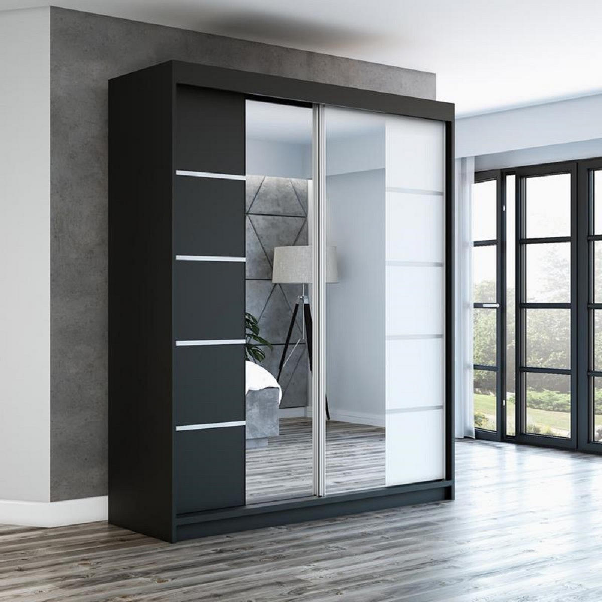 SCHWEBETÜRENSCHRANK 180 cm KOMFORT Farbe:Schwarz,weiß - Schwarz/Weiß, Holzwerkstoff (180/215/59.5cm) - A&J MöbelLand