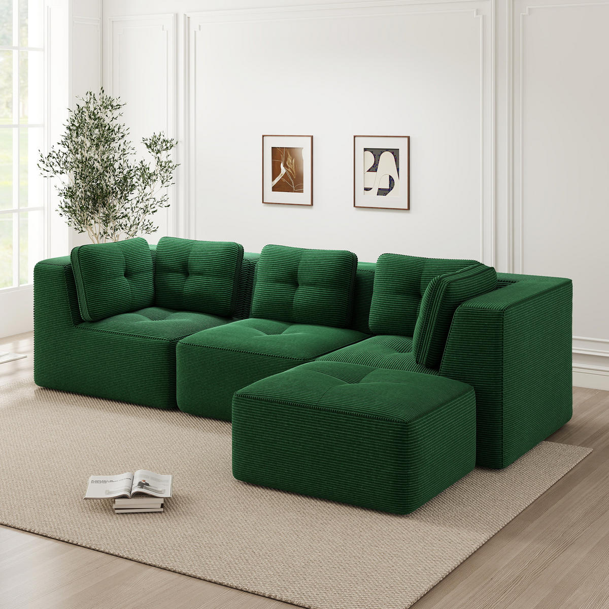ECKSOFA 297/177/69 cm grün aus Cord ohne Montage modular mit Ottomane - Grün, Textil (177/297cm) - OKWISH