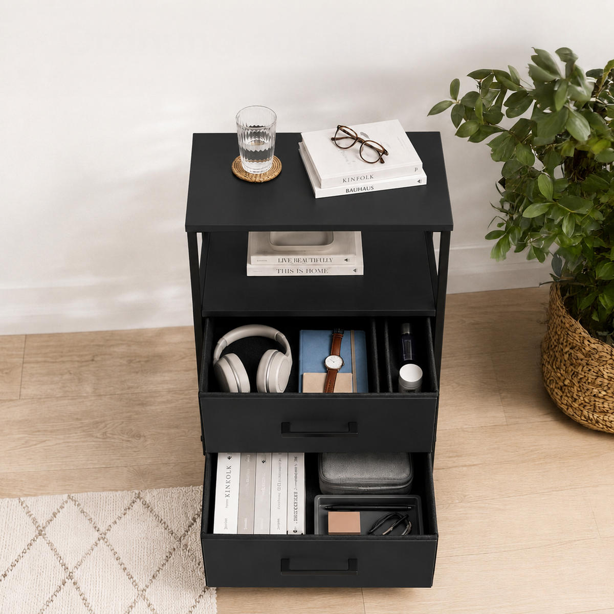 NACHTTISCH Schwarz 1er-Set 2 Schubladen 61x38x28 cm - Schwarz, Holzwerkstoff/Textil (38/61/28cm) - Relaxdays