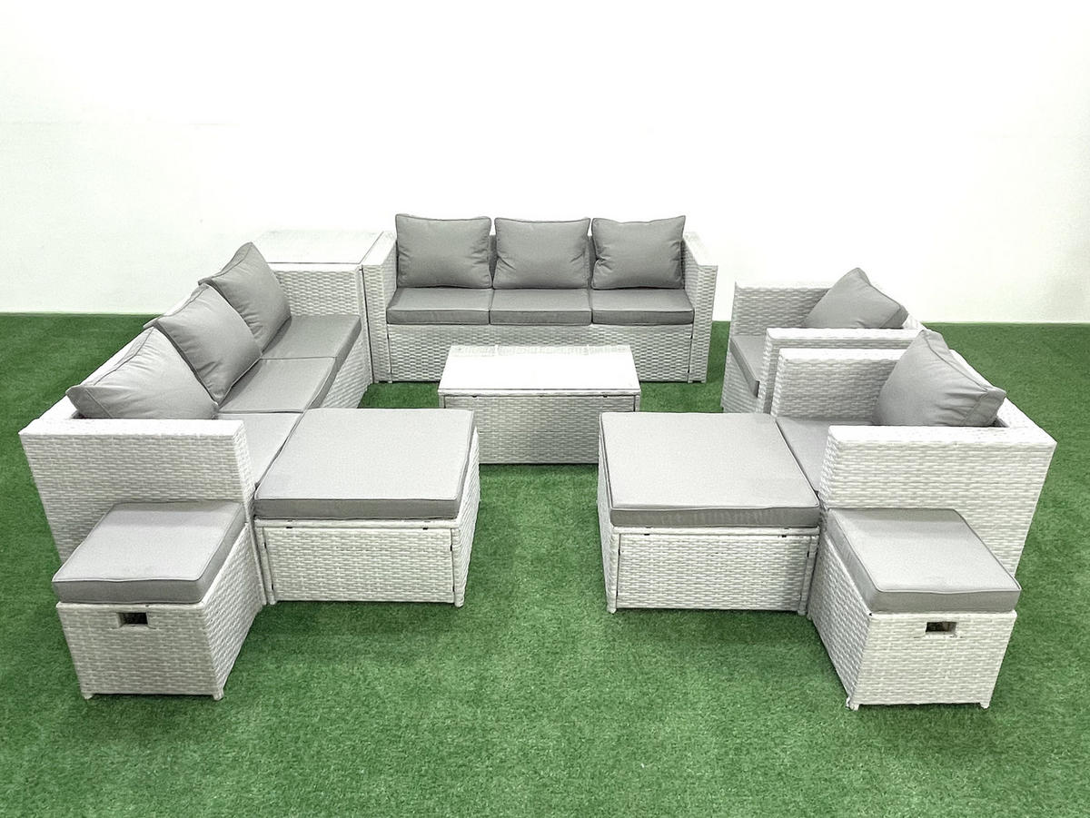 GARTENSET mit 3-SITZER SOFA,COUCHTISCH Polyrattan Hellgrau-Mix 12-Sitzer - Hellgrau/Grau, Glas/Kunststoff - Fimous