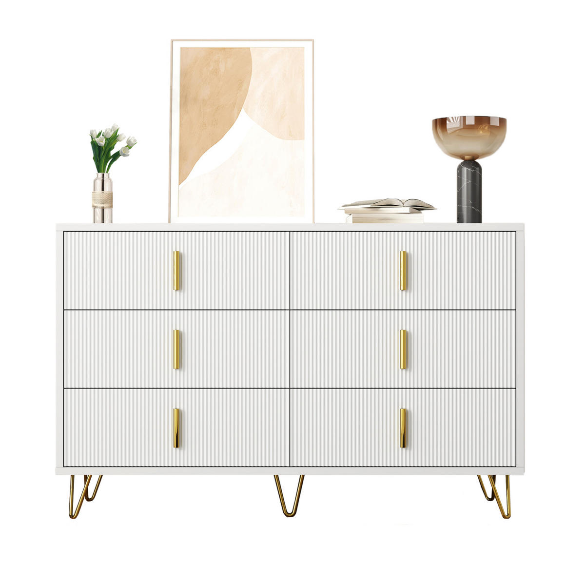 SIDEBOARD 120/77/40 cm Weiß/Gold aus Spanplatte mit 6 Schubladen - Weiß, Holzwerkstoff (40/77/120cm) - OKMYHOME