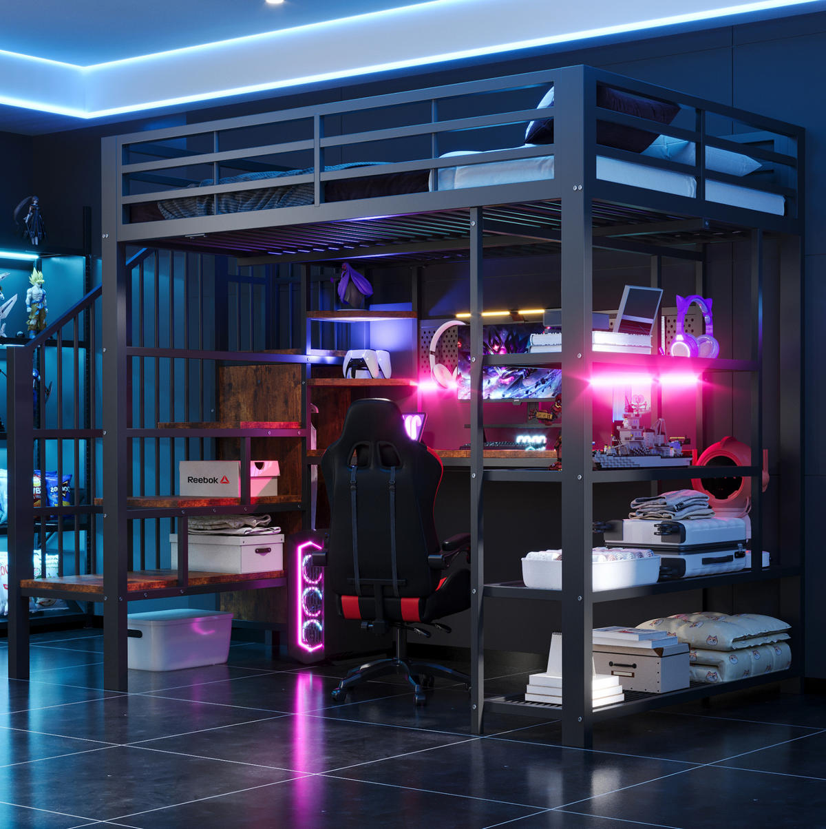 HOCHBETT 140/200 cm aus Metall und Holzwerkstoffen mit Treppe, Schreibtisch, Regal und LED Schwarz - Schwarz, Metall (140/200cm) - Modenvie