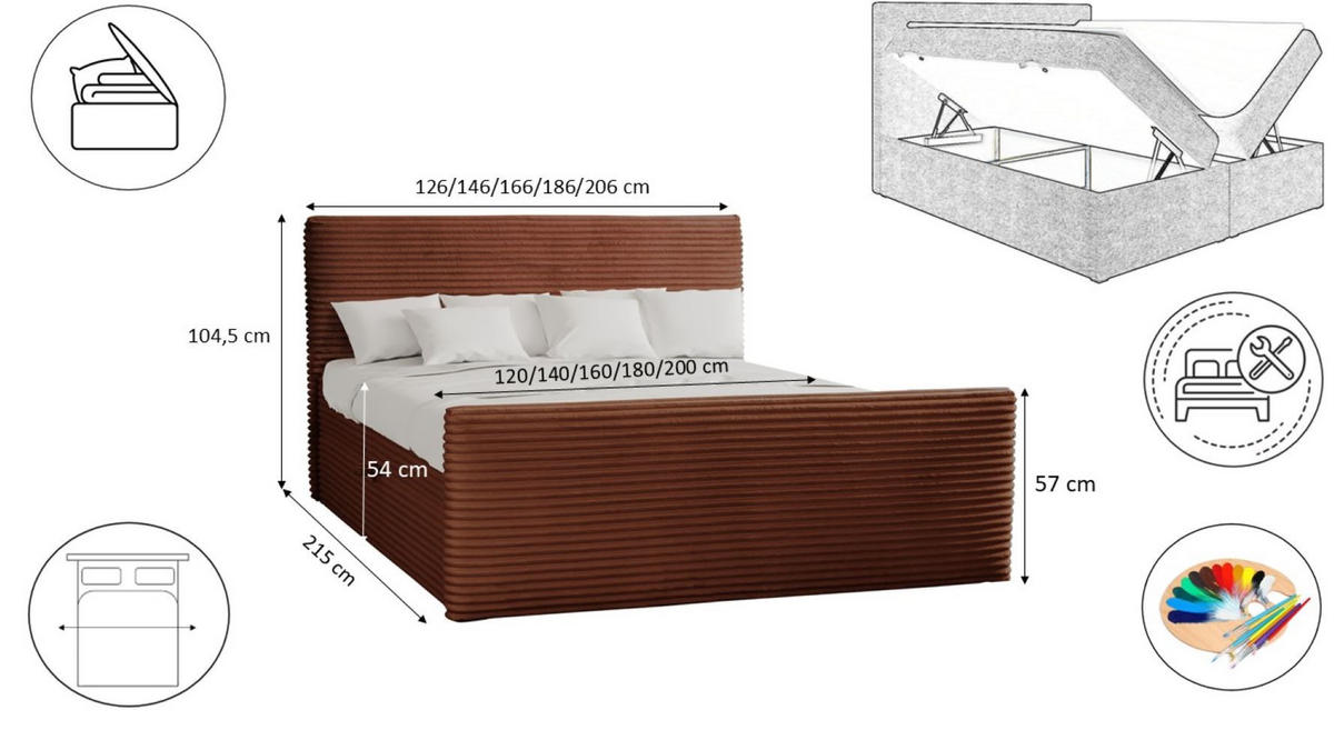 BOXBETT Mit Bettkasten Und Topper TRENTO Stoff Plüsch Cord 160x200 cm Kupfer H2-Pocket - Kupferfarben, Holz/Textil (160/200cm) - Kaiser Möbel